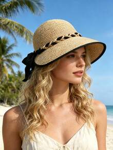 Women's Wide Brim Straw Hat, Comes With Adjustable Chin Strap Windproof Rope, Summer Large Brim Sun Hat, Rollable Portable Design Beach Hat, Lightweight Suitable For Swimming, Outdoor, Travel - A - View 6