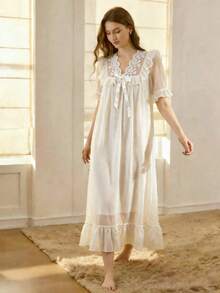 Women's White Lace Mesh Nightgown, V-Neck Flare Short Sleeve Bow Loungewear Dress, Soft Casual Homewear Sleepwear - Multicolor - View 1