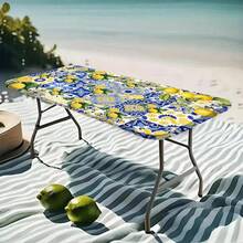 1pc Lemon Blue Floral Pattern Outdoor Elastic Tablecloth, Suitable For Spring And Summer Decoration, Perfect For Outdoor Patio, Indoor Dining, Picnic, Camping And Party - Multicolor - View 2
