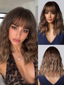 14 Inch Ombre Chestnut Brown Ombre Ash Blonde Wavy Bob Synthetic Wig With Bangs, Heat Resistant High Temperature Fiber Natural Looking For Women Daily Dating Party - Multicolor - View 13