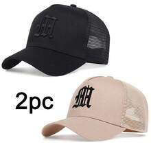 2 piezas Gorras de béisbol de malla con bordado de letras góticas para hombre - Negro Caqui - Ver 7