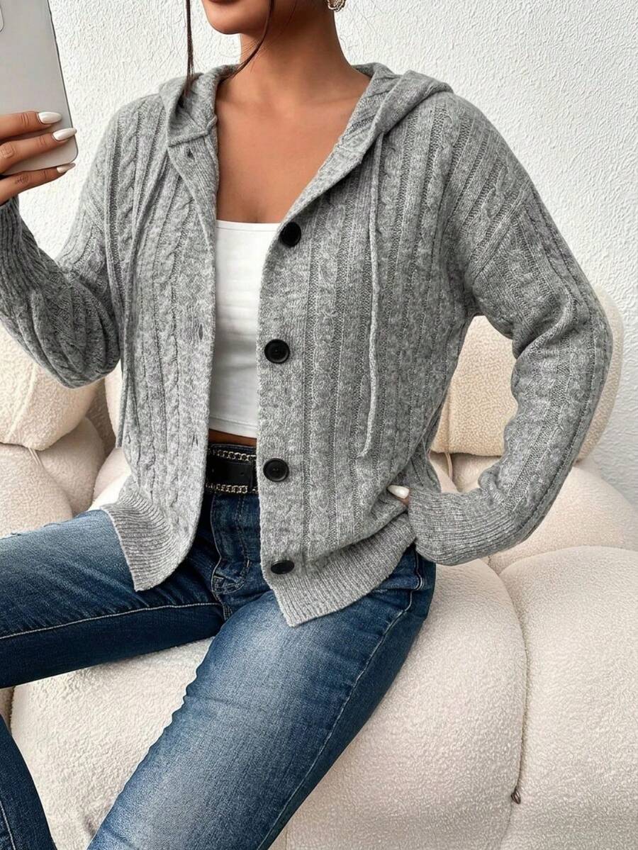 Plus Size Women's Solid Color Cable Knit Hooded Cardigan, Button & Drawstring Casual Long Sleeve Jacket, Autumn/Winter - Grey - View 1