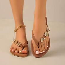 Women's Beach Vacation Fashion Sexy Rhinestone Flat Flip Flops Random Print Sexy Fashion Rhinestone Outdoor Summer - Brown - View 11