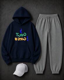 Conjunto Moletom E Boné É Tudo Nosso Brasil Cultura Urbana Unissex Agasalho Casual Premium Streetwear Lançamento Várias Cores!! Envio Imediato Plus Size - Moletom Azul Marinho + Calça Cinza + Boné Branco - Visão 1