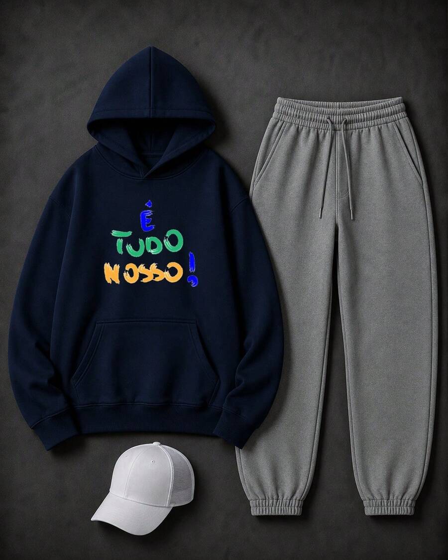 Conjunto Moletom E Boné É Tudo Nosso Brasil Cultura Urbana Unissex Agasalho Casual Premium Streetwear Lançamento Várias Cores!! Envio Imediato Plus Size - Moletom Azul Marinho + Calça Cinza + Boné Branco - Visão 1