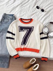 1pc Casual Slouchy Loose Fit Colorblock Number 7 Design Unique Thin World Cup Jersey College Style Crew Neck Knit Sweater - Multicolor - View 10