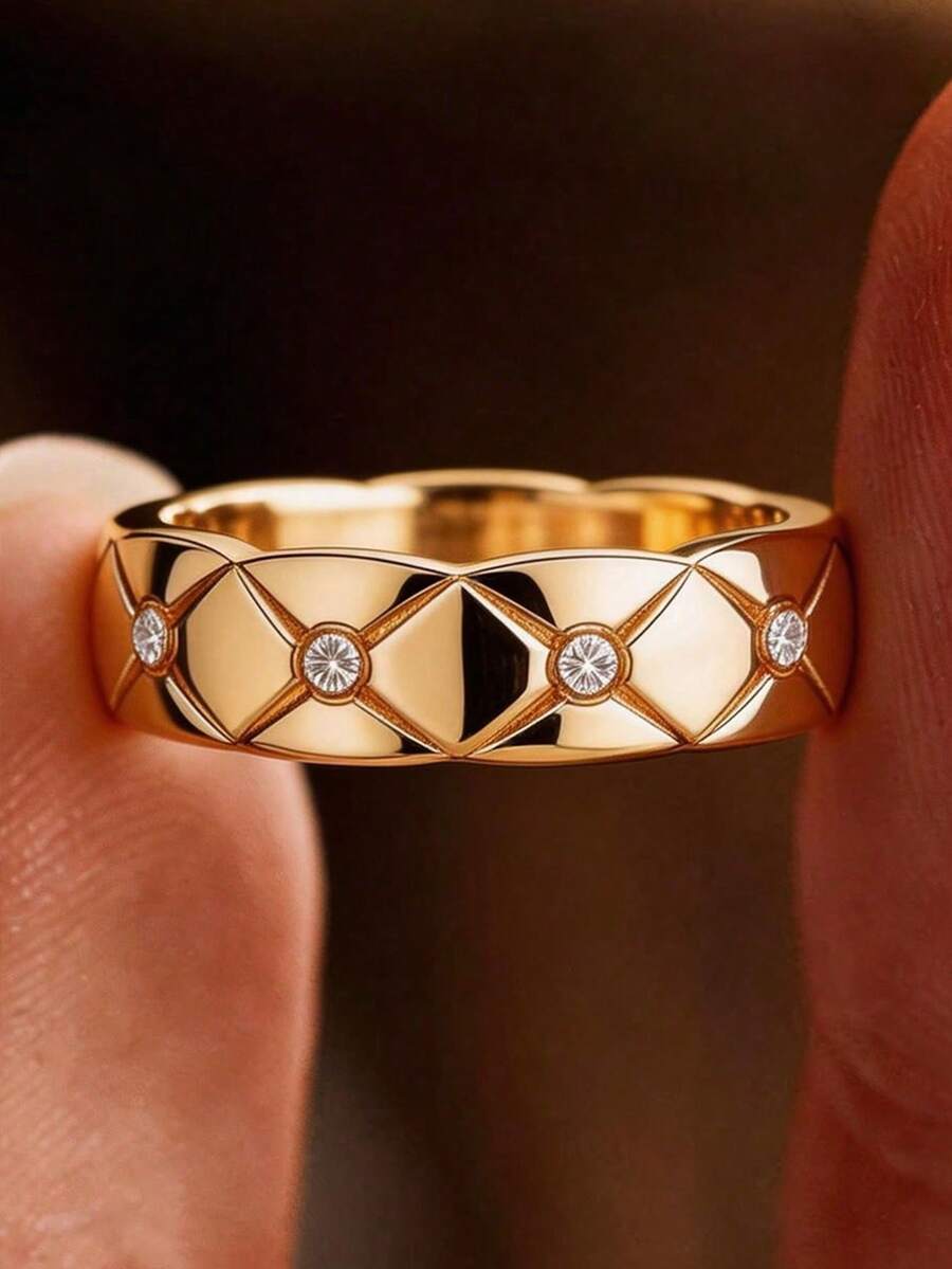 1PC Gold Luxury X-Shaped Ring, Minimalist Cubic Zirconia Bar Ring For Women,Diamond Design Ring,Exquisite Holiday Party Gifts For Women - Yellow Gold - View 1