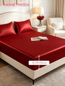 HONEYMOON 1pc Premium Silky Satin Fitted Sheet, Soft Breathable Wrinkle-Resistant, Improve Sleep Quality, Luxury Hotel Style, Gift For Parents And Friends, 14 Inch/35cm Deep Pocket, Fits All Bed Sizes - Twin, Full, Queen, King, Oeko-Tex Certified - Red - View 1