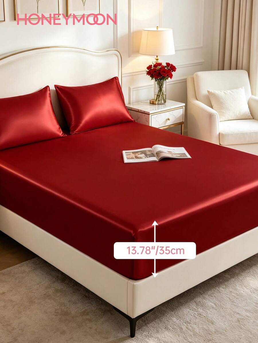HONEYMOON 1pc Premium Silky Satin Fitted Sheet, Soft Breathable Wrinkle-Resistant, Improve Sleep Quality, Luxury Hotel Style, Gift For Parents And Friends, 14 Inch/35cm Deep Pocket, Fits All Bed Sizes - Twin, Full, Queen, King, Oeko-Tex Certified - Red - View 1