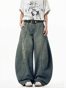 Modcrash Justice Brother 1pc Japanese Style Casual Men's Denim Cocoon Pants, Versatile Personalized Beaded Washed Fashion Wide Leg Loose Long Pants Fall/Autumn/Winter - Blue - View 9