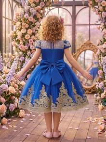 女童圓領精緻刺繡貼花網紗優雅公主禮服裙，適合晚宴派對與婚禮，布料花紋隨機裁剪，不含髮箍 - 寶藍色 - 查看 5