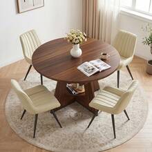 Nalupatio 47.24"-63" Extendable Round To Oval Dining Table Set For 4, Expandable Kitchen Table With 4 Upholstered Chairs, Hidden Storage Shelf, Space Saving Dining Room Furniture, Walnut Table & Beige Chairs - Walnut Table & Beige Chairs - View 3