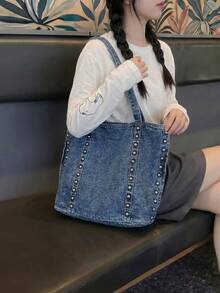黑色大容量通勤女款托特包，時尚鉚釘裝飾單肩包，獨特元素優雅設計手提包，適合約會、日常、購物、海灘度假及其他場合 - 藍色 - 查看 3