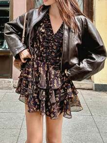 Women's Autumn French Elegant Ruffle V-Neck Layered Bell Sleeve Short Cake Dress, Casual Wear Vacation - Black - View 6