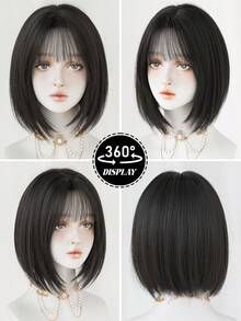 NAMM 12 Inch Straight Bob Wig For Women Lightweight & Comfortable Fluffy Black - Brown Wigs With Bangs, Synthetic Full Machine Heat Resistant Fiber Hair Wigs For Daily Y2K, Lolita & Goth Styles-All-Match Fashion Accessories - Black Brown - View 6