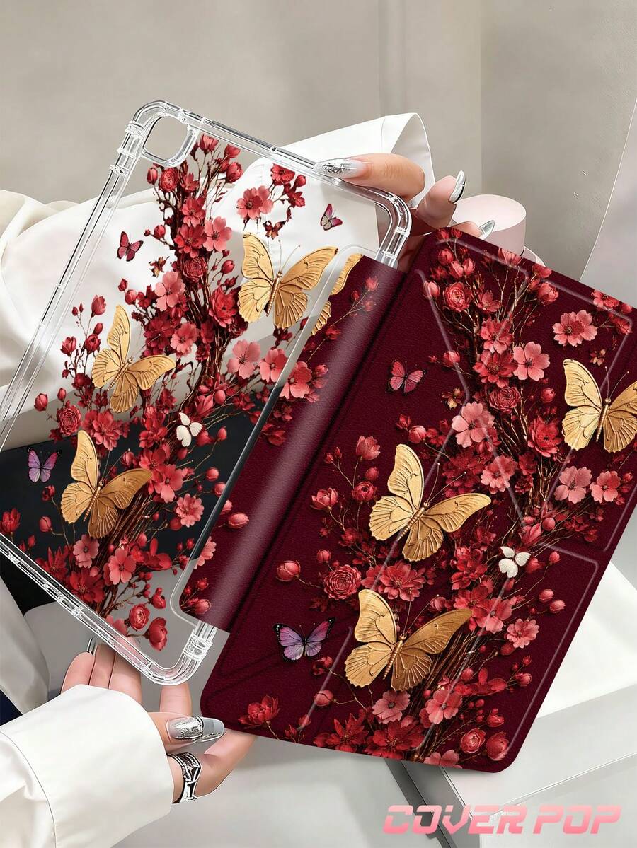 酒紅色蝴蝶 2D 平板保護殼，相容 iPad Air 11 吋 M3 2025/M2 2024、Air 第 5 代 2022、(A16) 11 吋第 11 代 2025，相容 Galaxy Tab、Kindle Paperwhite 第 12 代 2024，透明背板，時尚圖案保護殼，自動睡眠/喚醒功能，氣墊保護，適合禮品與辦公使用