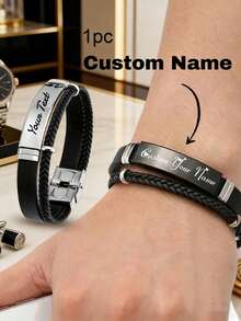 1/2pcs Customized Carved Braided Rope Stainless Steel Bracelet, Personalized Twisted Rope Woven Leather Bracelet, Couple Bracelet - Style a - View 2