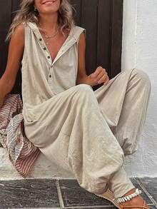 Women's Casual Loose Jumpsuit 2026 Summer Vacation Outfits Beach Rompers Gray Enterizos De Mujer Elegantes - 卡其色 - 查看 1