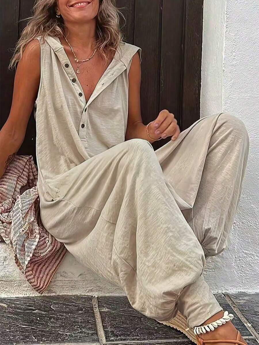 Women's Casual Loose Jumpsuit 2026 Summer Vacation Outfits Beach Rompers Gray Enterizos De Mujer Elegantes - 卡其色 - 查看 1
