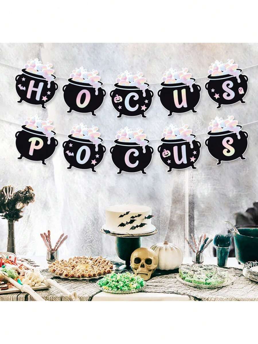 1 Set Banner Halloween Witch Cauldron Garland, Witch Theme Decoration For Halloween Party Backdrop And Fireplace Mantel Hanging Decor, Halloween Party Decoration Banner - Multiple Styles - View 1