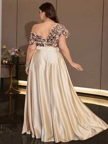 XUIBOL Elegant Plus Size Asymmetrical Sequin Satin Evening Gown, Off-Shoulder Formal Dress, Flared Skirt, Women - Champagne - View 6