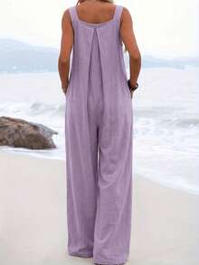 Women's Casual Solid Color Button Strap Wide Leg Jumpsuit, Spring/Summer - Purple - View 9