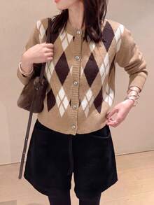 Cardigan Sweater Lengan Panjang Leher Bulat Motif Belah Ketupat Retro Kasual Wanita, Musim Gugur/Dingin - Khaki - View 6