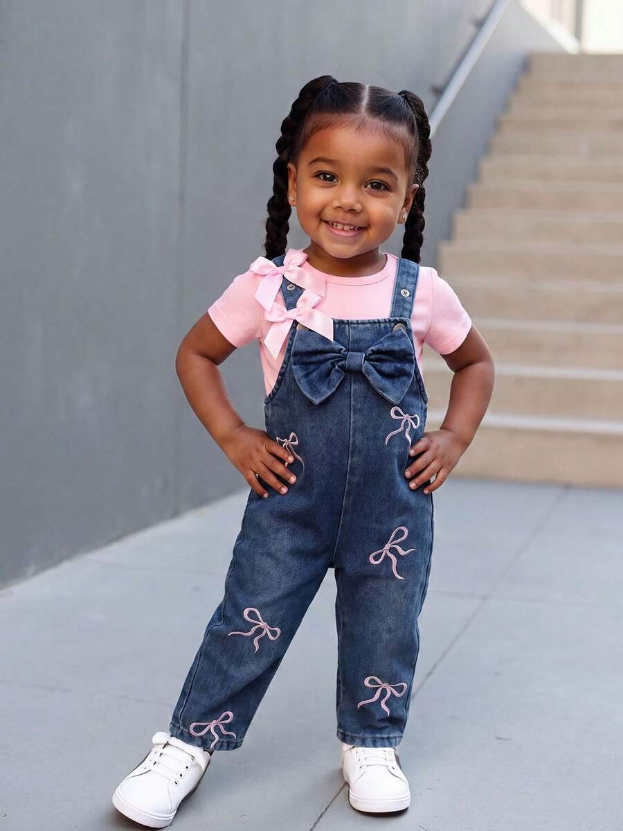 2pcs Baby Girl Cute Bowknot Pink Short Sleeve T-Shirt Top And Bow Decor Embroidered Denim Bib Overalls Pants Set - Pink - View 1