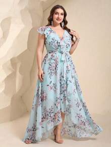 UNITHORSE Non-Positioning Flower V-Neck Ruffle Collar Detachable Tie Asymmetrical Ruffle Hem Printed Bridesmaid Dress - Baby Blue - View 3