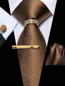 5Pcs Brown Geometric Water Wave Pattern Men Accessory Set, Necktie Pocket Square Cufflinks Tie Clip Detachable Ring, Random Cufflink Patterns - Brown - View 1