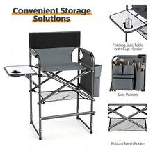 26" Tall Director Chair, 350LBS Heavy-Duty Folding Makeup Artist Chair With Side Table & Storage Pockets, 600D Oxford Portable Chair For Events - Grey - View 7