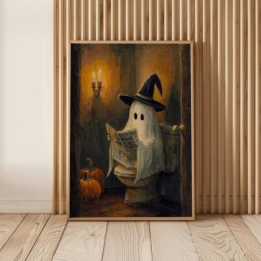 1 pieza Pintura al óleo vintage sin marco de fantasma de inodoro divertido de Halloween, arte de pared de baño, póster de lienzo impreso, decoración rústica acogedora y espeluznante para apartamento, decoración, impresiones para pared, pósteres, decoración vintage - Dibujos animados - Ver 1