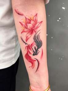 1件裝 中式水墨紅蓮陰陽錦鯉紋樣臨時紋身貼紙，逼真假紋身設計，適合日常、單身派對小禮物、音樂節、電競、畢業禮物，可維持3-5天 - 彩色 - 查看 3