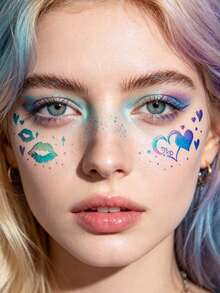 Freckles Temporary Tattoos Stickers, 6pcs Iridescent Leopard Heart Freckle Face Tattoo, Holographic Blue Gradient Heart Dot Speckle Design, Waterproof, Y2K Festival Aesthetic For EDM Rave, Tattoos Accessories - Multicolor - View 4