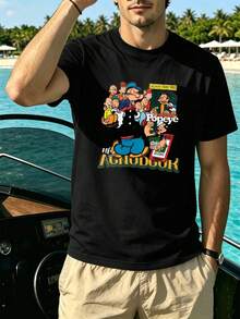 Herren-T-Shirt mit Vintage-Cartoon-Grafik, Rundhalsausschnitt, lockere Passform, lässig, Grafikdesign - Schwarz - Übersicht 2