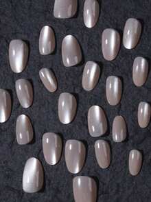 Instant Style Upgrade! 24pcs Short Oval Nude Crystal Cat Eye Nail Stickers Set, Acrylic Material, Includes 1pc Jelly Glue And 1pc Nail File - 彩色 - 查看 3