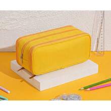 Large Capacity 3-Compartment Pencil Case, Pencil Pouch, Suitable For School, Teens, Girls, Boys, Men, Women - Bright Yellow - View 7