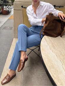 ROSIE POPHUB 女款淺藍色優雅高腰百褶直筒褲 單鈕扣修身顯瘦辦公通勤長褲 秋冬日常通勤款 - 藍色 - 查看 5