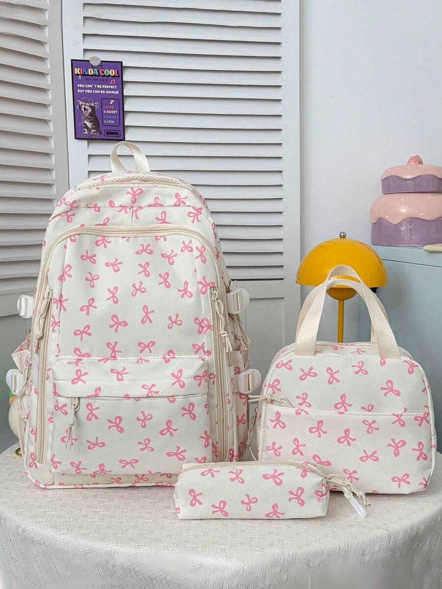 Mochila versátil de moda para mujer con lazo y doble espalda, bolso combinado para estudiantes - Blanco - Ver 1