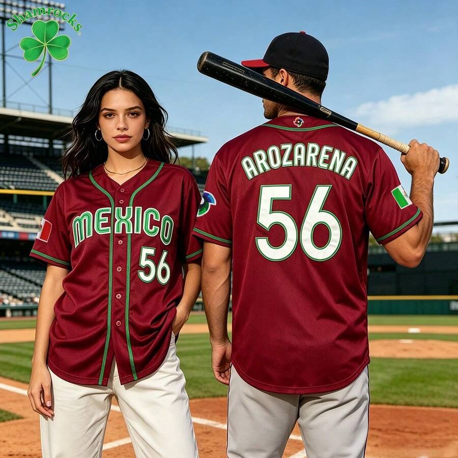 Jersey Baseball Pria Meksiko #56 Randy Arozarena, Pakaian Baseball World Baseball Classic, Hadiah untuk Penggemar di Hari Pertandingan