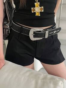 1pc PU Material Rhinestone Buckle Belt - Black - View 1