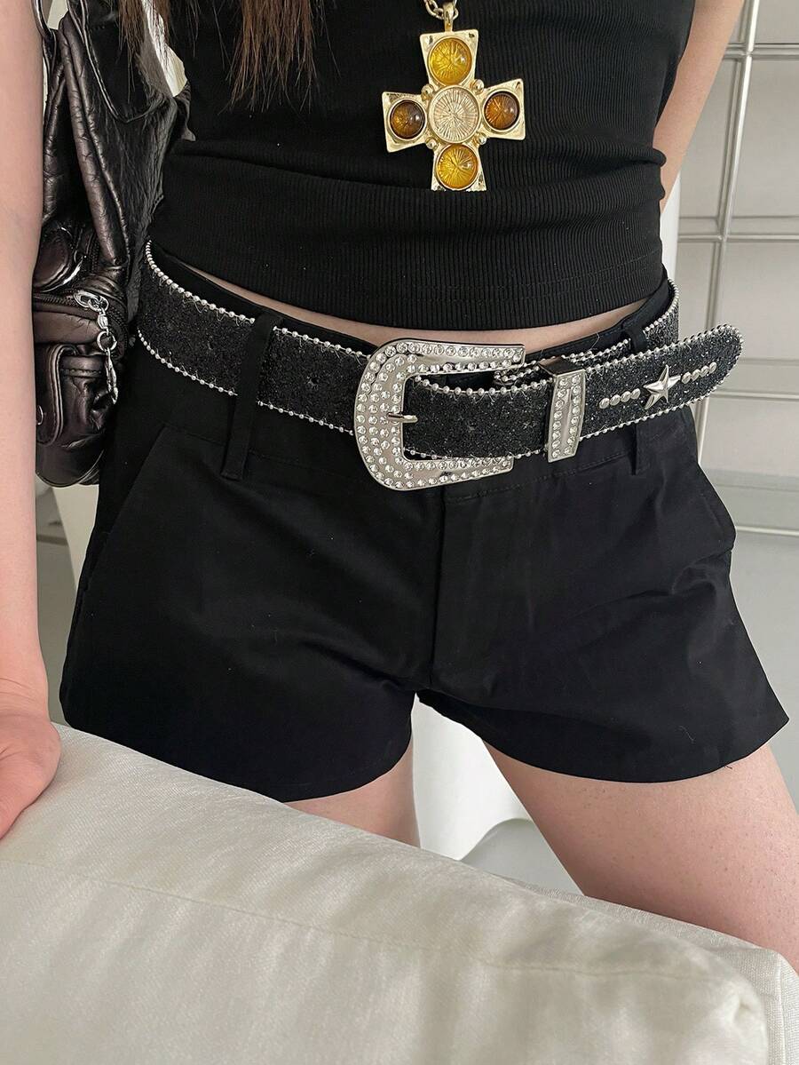 1pc PU Material Rhinestone Buckle Belt - Black - View 1