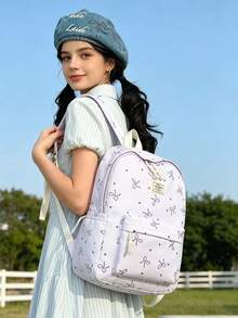 1pc Casual Collegiate Style Bowknot Pattern Student Backpack, Lightweight Large Capacity With Laptop Compartment School Day Bag, Adjustable Shoulder Straps Bookbag, Suitable For Teenagers/Students/Graduates/Young People, Perfect For Daily Use, Outings, Travel, School And Back To School Season - Multicolor - View 6
