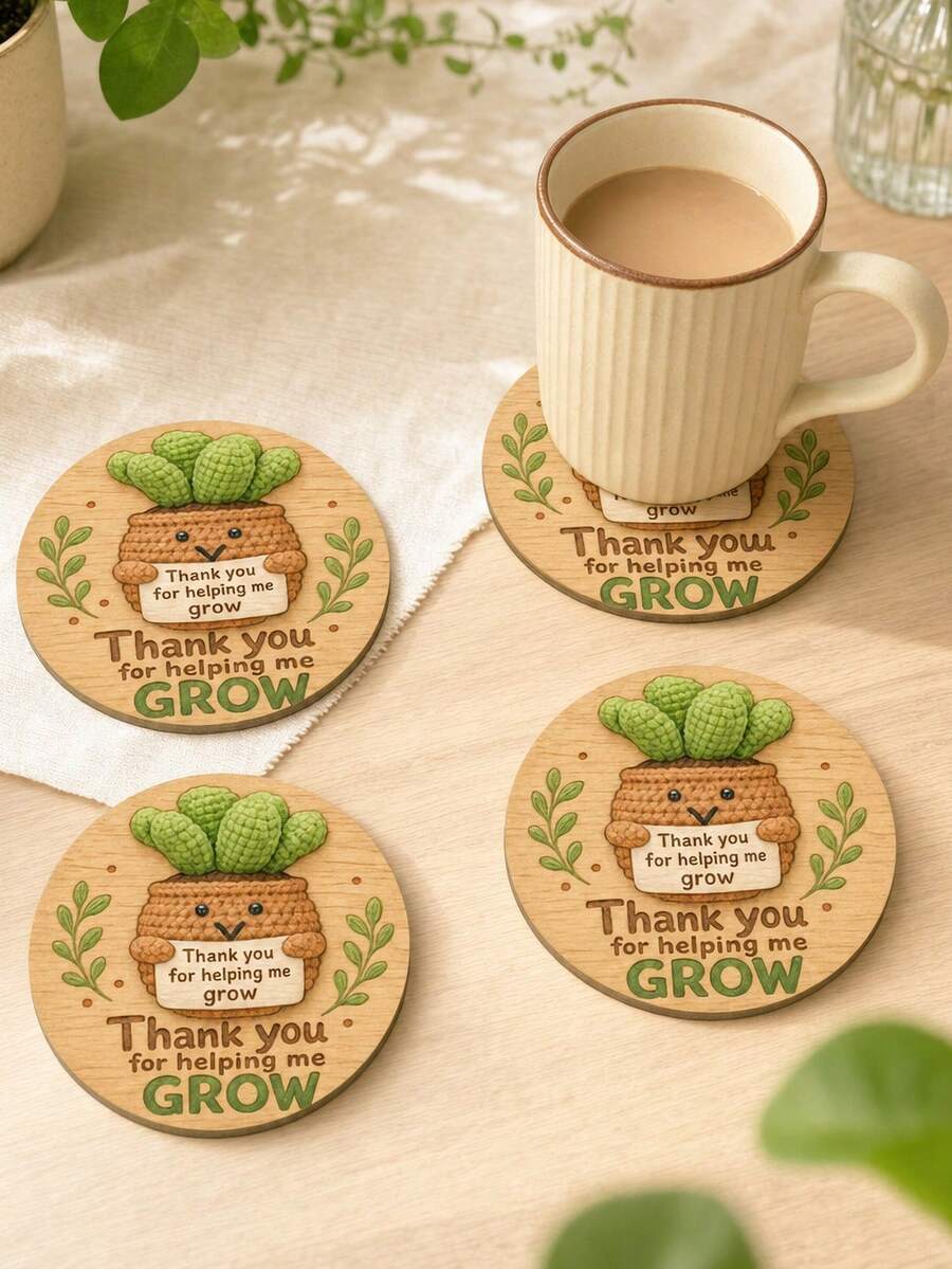 1/6/12入「Thank You For Helping Me Grow」仙人掌木製圓形杯墊,教師感謝禮物,適用教室、居家辦公室、返校裝飾、桌面裝飾,傳遞正能量 - 仙人掌感謝你 - 查看 1