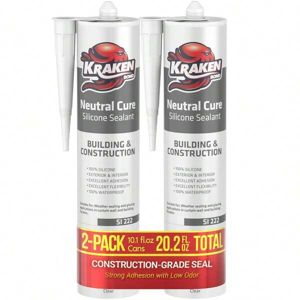Kraken Bond Neutral Cure Clear Silicone Sealant - (2x10.1 Fl.Oz) Low VOC Waterproof Sealant For Indoors &Amp; Outdoors, Remains Elastic Forever, Odorless Silicone Bathroom Caulk, Non-Paintable - 2 Pack