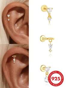 1pc 925 Sterling Silver Heart Shaped Flat Stud Earrings, 18K Gold Plated Flat Earrings For Women, Low Allergy, Suitable For Ear Cartilage, Ear Rim, Earlobe, Daily Wear - Gold - View 1