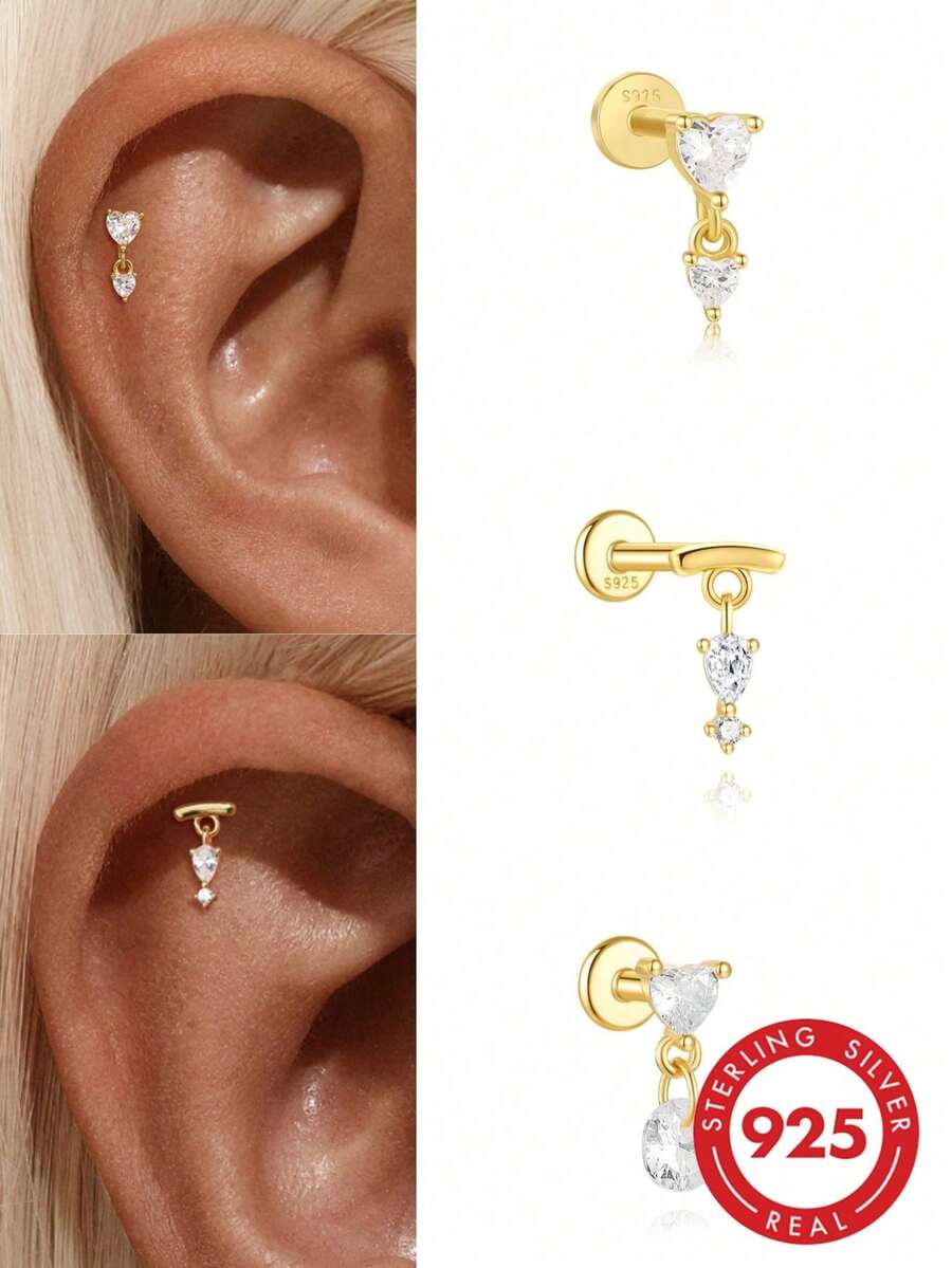 1pc 925 Sterling Silver Heart Shaped Flat Stud Earrings, 18K Gold Plated Flat Earrings For Women, Low Allergy, Suitable For Ear Cartilage, Ear Rim, Earlobe, Daily Wear - Gold - View 1