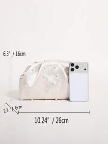 1件珍珠白緞面軟雲感女款手拿包，奢華珍珠裝飾串珠褶皺手提包，輕奢晚宴包、派對包、正式包，附鏈條肩帶，可斜跨，適用晚宴、舞會、盛會 - Pearl White - 查看 3