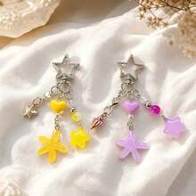 1 pieza Llavero de mujer con colgante de resina en forma de estrella de mar color caramelo, cuentas en forma de corazón y concha de estrella, accesorio de bolso de verano - Multicolor - Ver 1