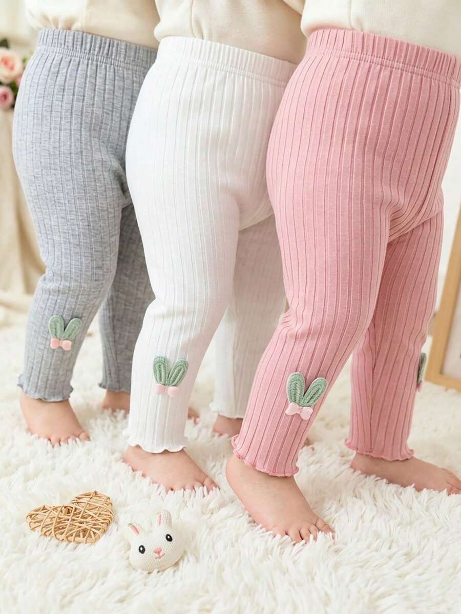 3pcs/Set Baby Girls Soft Ribbed Elastic Leggings, Cute Rabbit Ear Decor, Gray White Pink, Suitable For Daily Wear And Outdoor Outfits - Multicolor - View 1